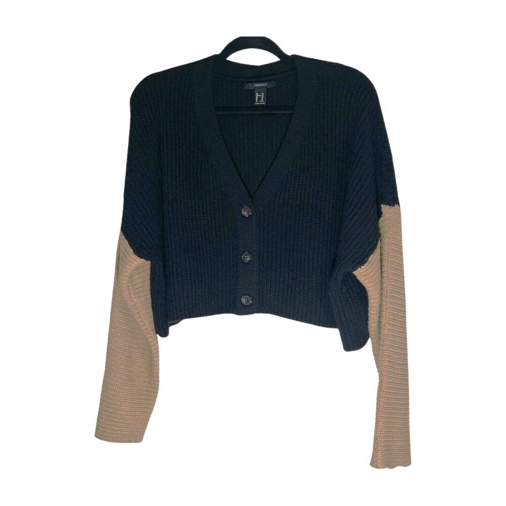 Forever 21 Color Block Cardigan Cropped Chunky Knit V-neck Black Beige Medium